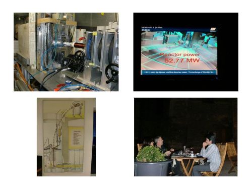 VCNキャビン内に組み立てた SANS 体系，出力モニタ，垂直ガイドの説明図，グルノーブルの街で夕食